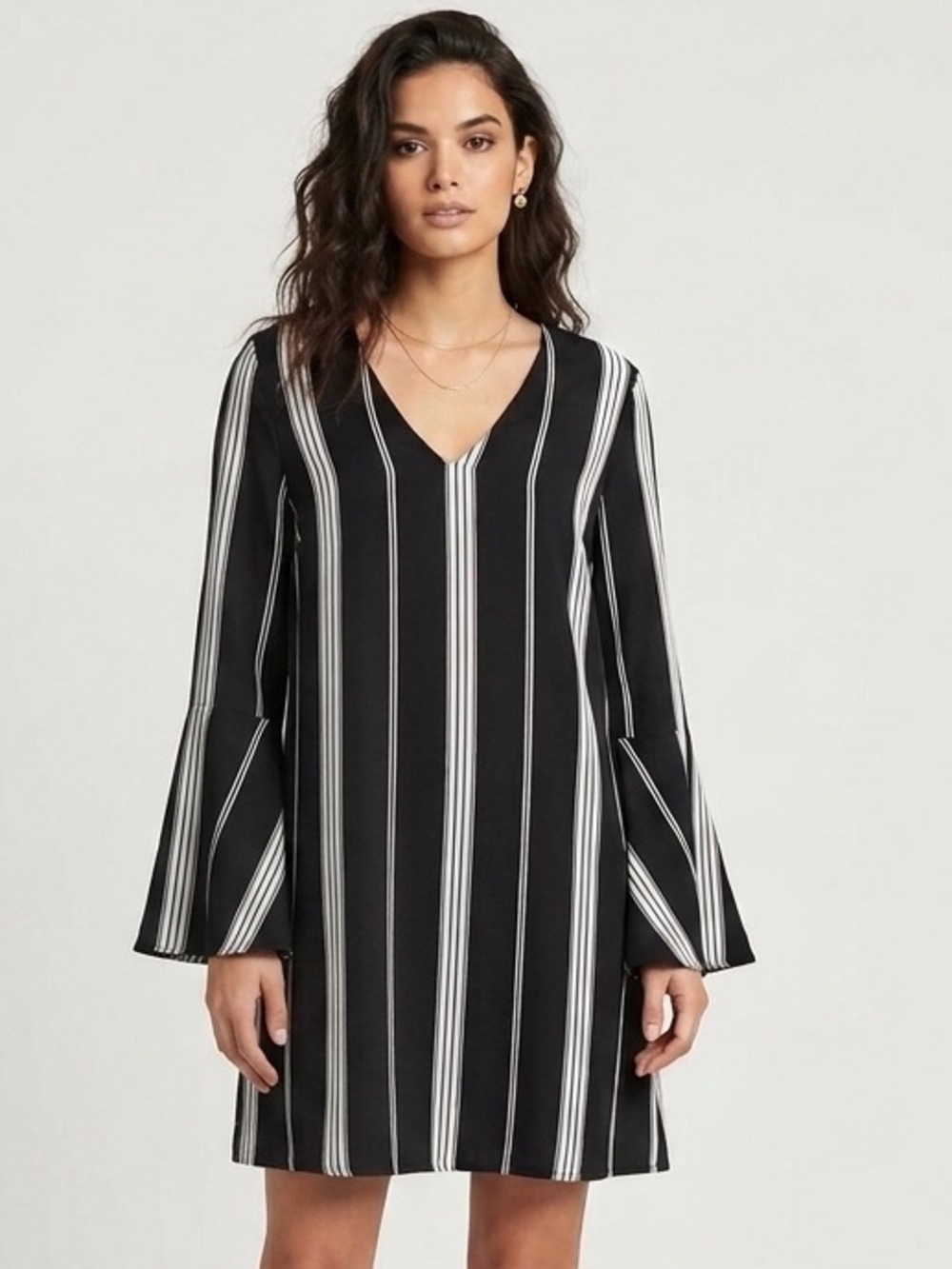 Faithfull The Brand Harper Stripe Bell Sleeve Shift Dress Black White Size 8